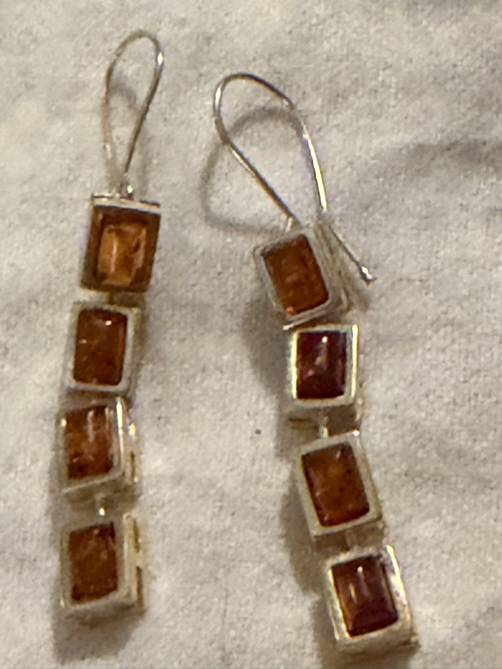 .925 Sterling Silver 2” Amber rectangular Dangle Earrings
